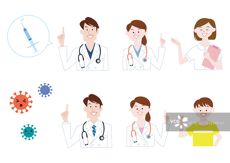 男性医生、女性医生、护士、男孩接种疫苗，手指指向说明插图图片素材