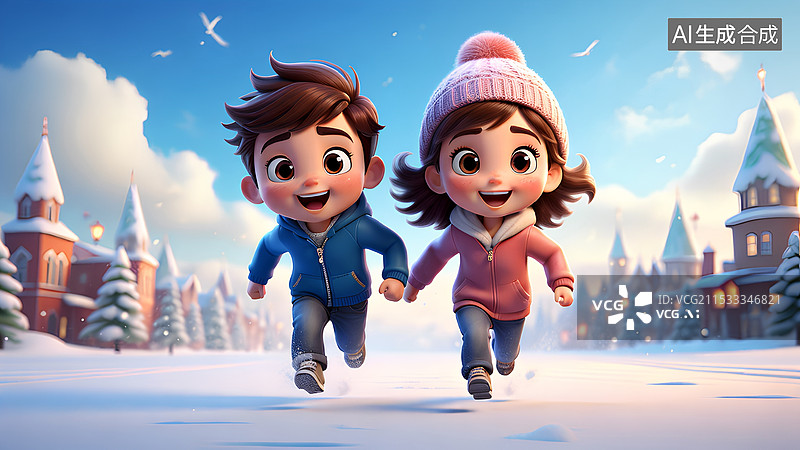 【AI数字艺术】雪天奔跑的孩子3D卡通壁纸插画图片素材