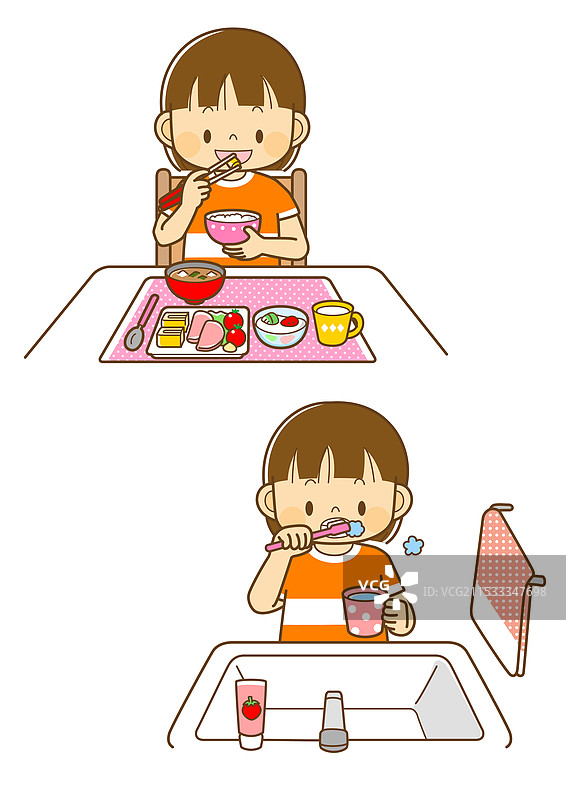 女孩们在用餐，女孩们在刷牙图片素材