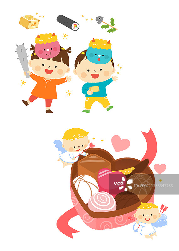 孩子们在扔豆子，情人节巧克力和天使图片素材