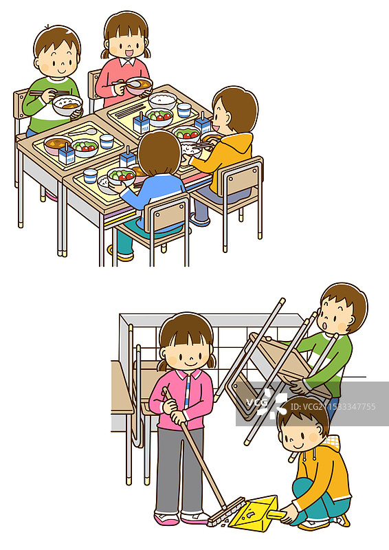 小学生们分组吃学校午餐，小学生们在清理教室。图片素材