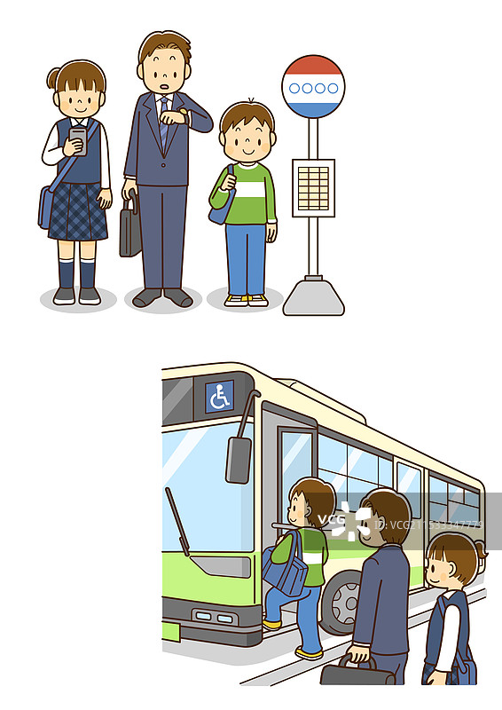 男孩们在公交车站排队等车，男孩们上车。图片素材