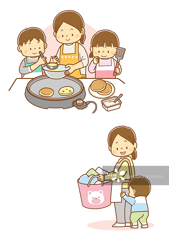 父母和孩子一起做煎饼，孩子在捣乱妈妈。图片素材