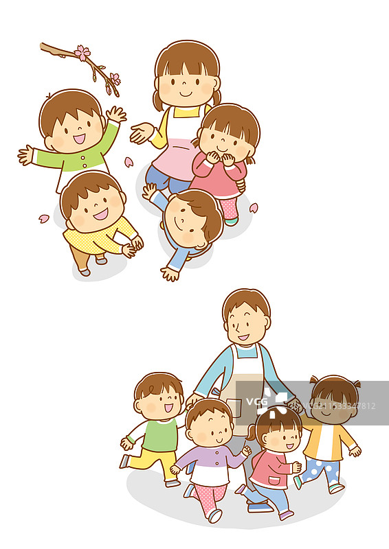 老师和学前儿童仰望樱花，男保育员和孩子们散步图片素材