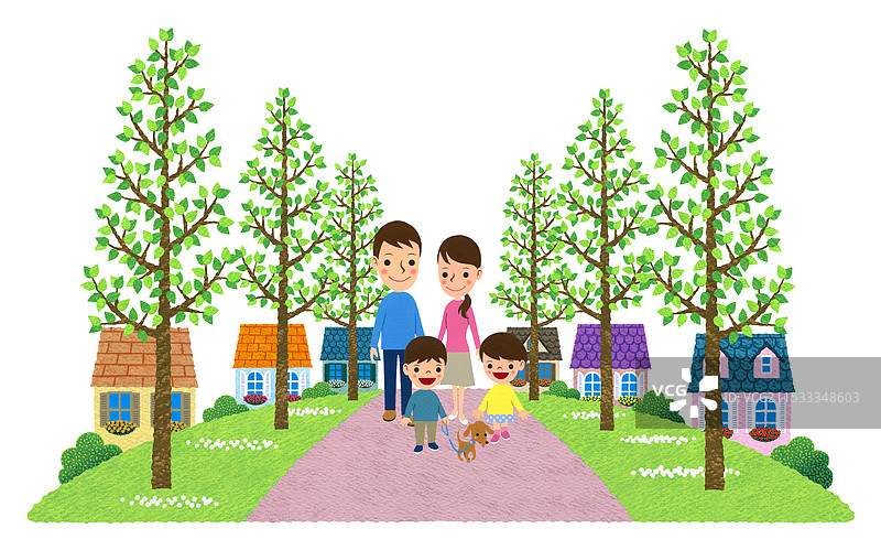 一家人在树木成荫的步道上漫步于住宅街道。图片素材