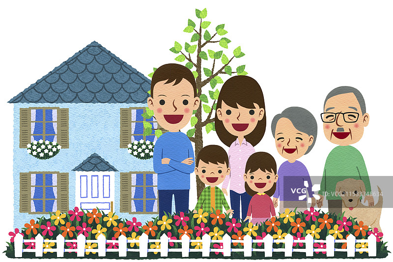 三代同堂的家庭在花坛前排成一排图片素材