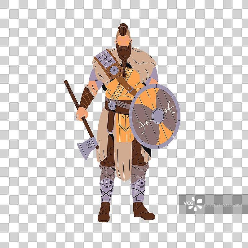 穿着动物皮的维京人手持斧头，强壮的野蛮人图片素材