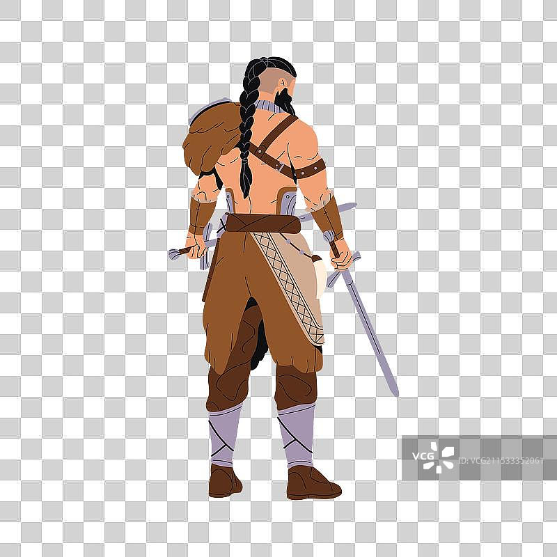 穿着动物皮的维京人手持剑，背对着观众。图片素材