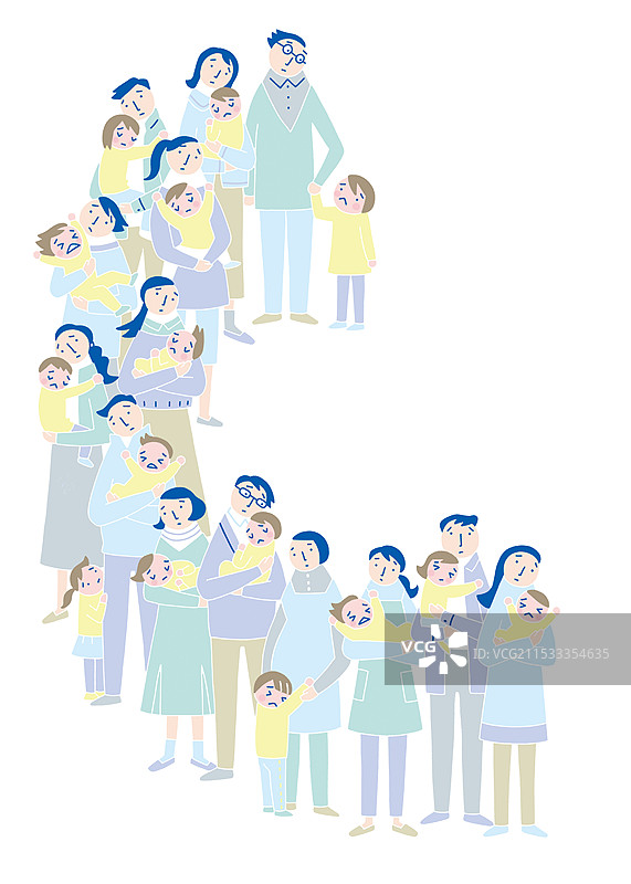 父母们排队，面露担忧地抱着孩子们图片素材