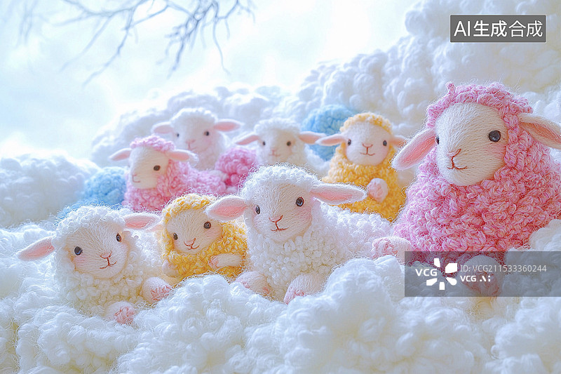 【AI数字艺术】针织柔软云朵小羊羊毛毡背景图片素材