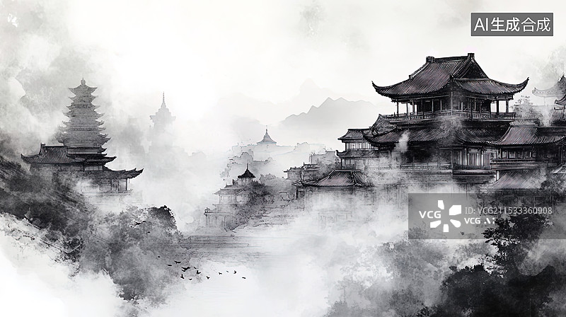 【AI数字艺术】中国风黑白水墨插画图片素材