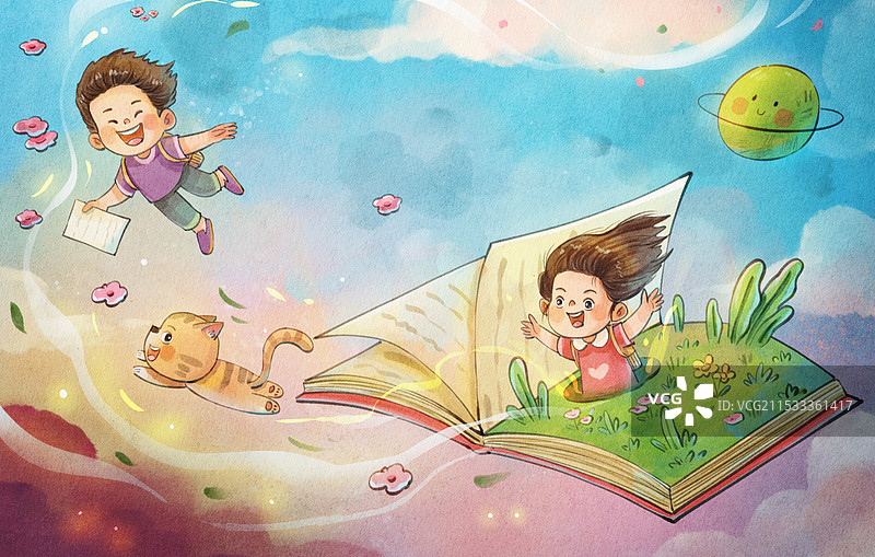 手绘水彩书本中出现了儿童可爱治愈系插画图片素材