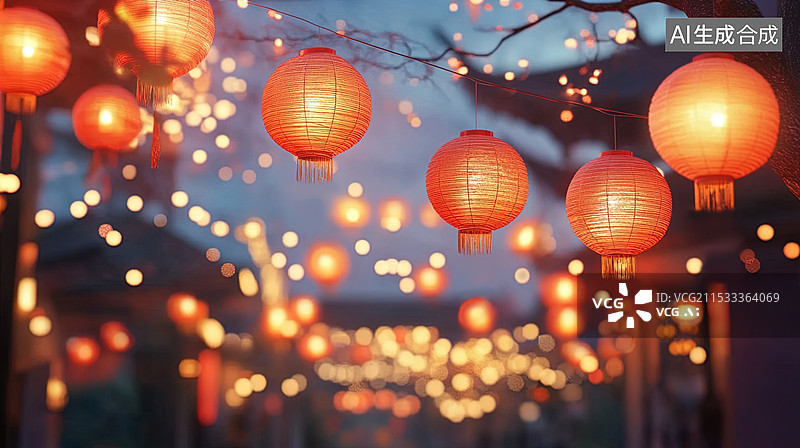 【AI数字艺术】春节夜晚红色灯笼街景图片素材