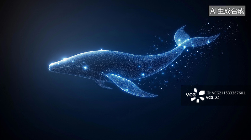 【AI数字艺术】抽象蓝色互联网背景——发光粒子组成的鲸鱼图片素材