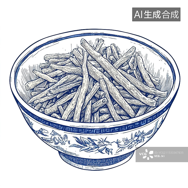 【AI数字艺术】手绘真实黄精和党参草药切片交叉影线和动态蓝色单色线条版画风格木刻插画香料中草药图片素材