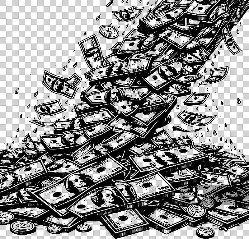 一堆堆的硬币和美元钞票图片素材