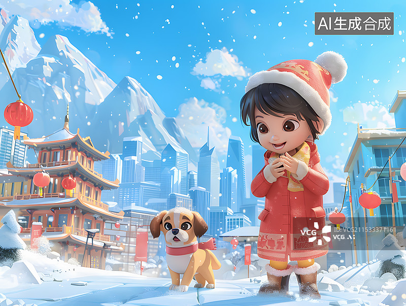 【AI数字艺术】新年，冬天，女孩在街道溜狗图片素材