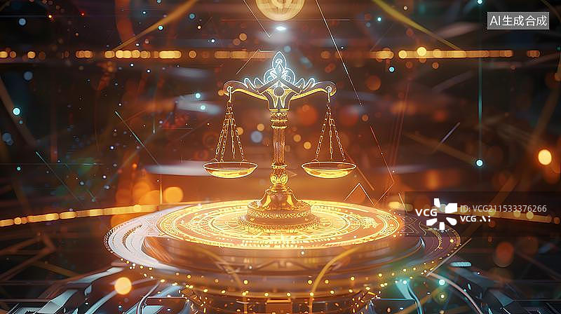 【AI数字艺术】一个天平的符号，代表法律与正义，周围充满科技元素，代表着数字正义的概念图片素材