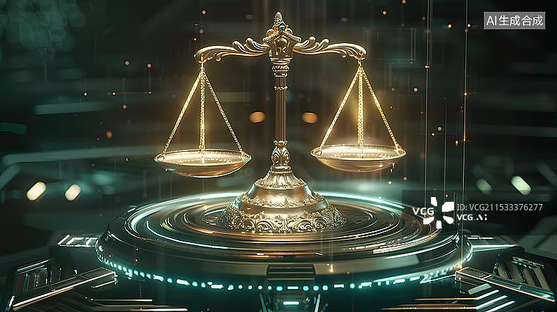 【AI数字艺术】一个天平的符号，代表法律与正义，周围充满科技元素，代表着数字正义的概念图片素材