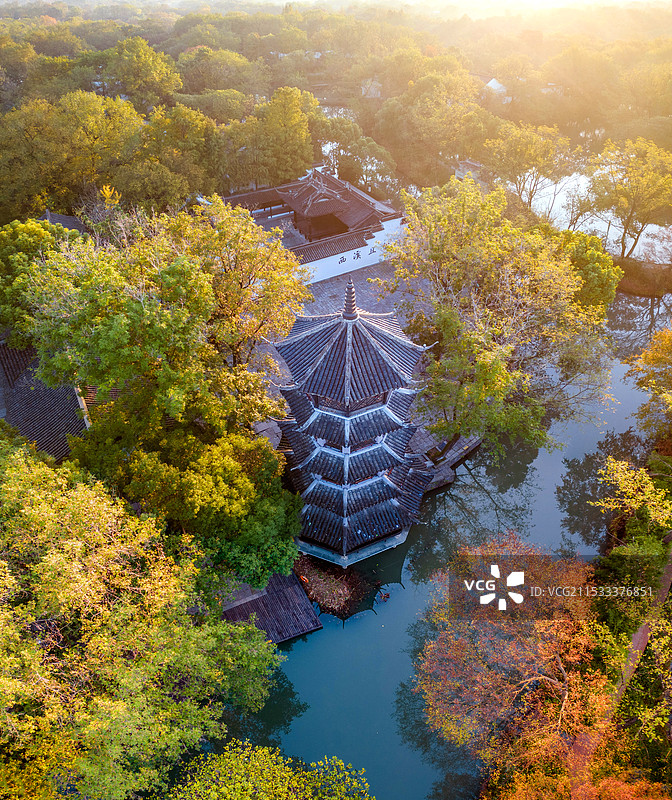 杭州西溪湿地河渚塔秋色航拍图片素材