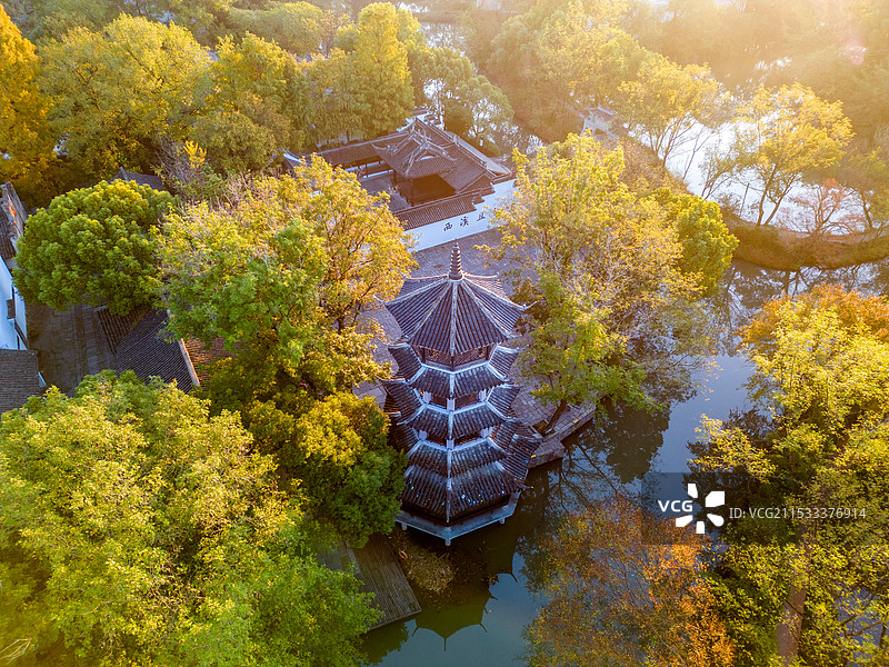 杭州西溪湿地河渚塔秋色航拍图片素材