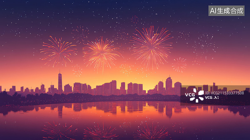 【AI数字艺术】城市上空绽放的烟花插画图片素材