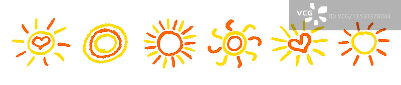 一组有趣的儿童画风格的黄色太阳系列图片素材