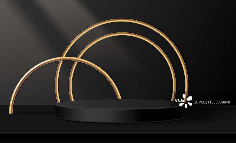黑色背景上的圆形讲台和金色环圈图片素材
