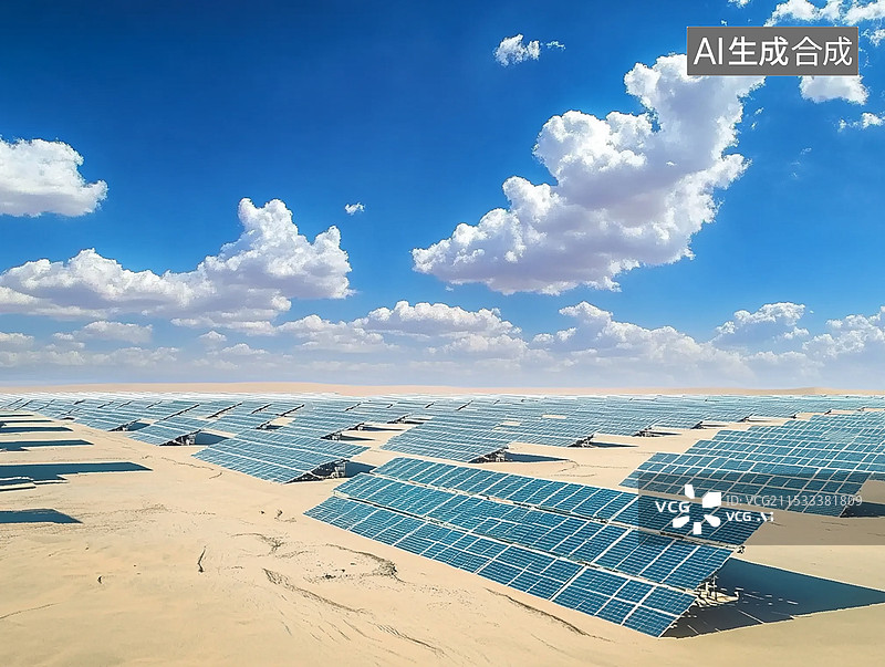【AI数字艺术】沙漠中的新能源太阳能电池板光伏发电插画图片素材