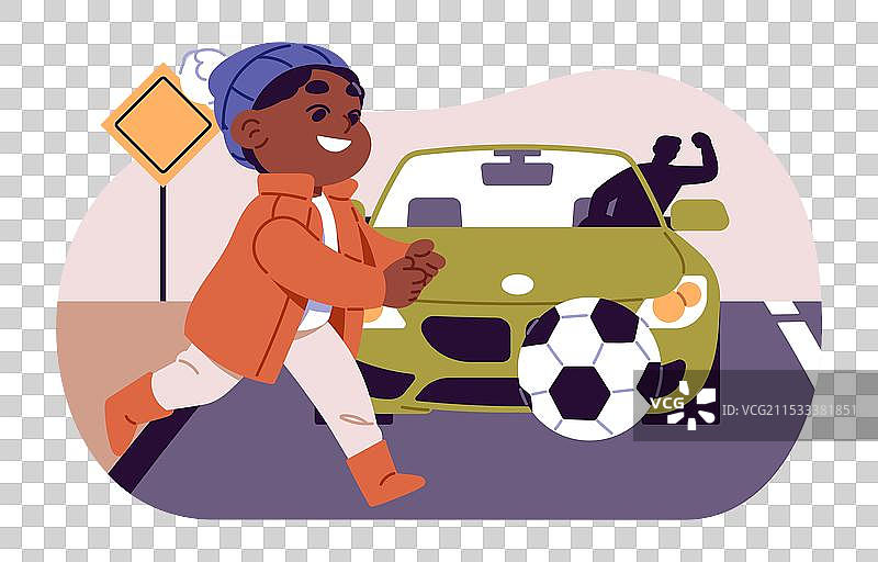 可爱的孩子在足球场上玩耍，并把球扔向汽车前面。图片素材