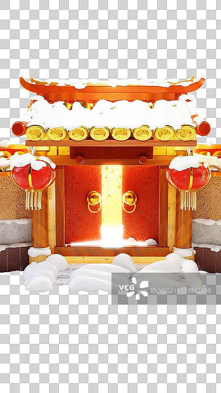 3D立体节日气氛中式古典门带雪图片素材