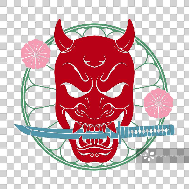 鬼面具与短刀和樱花色图片素材