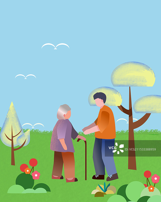 帮助老人传播善意扁平插画图片素材