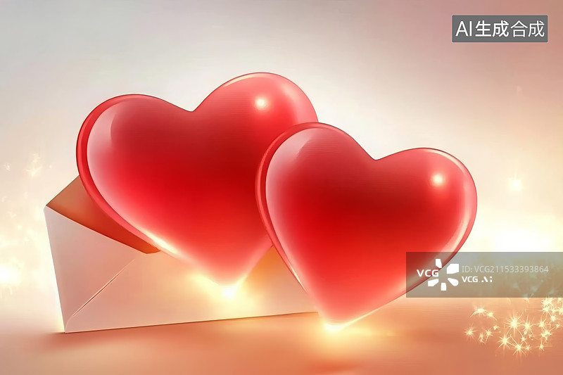 【AI数字艺术】两颗红心紧挨着一个信封，感恩节情人节图片素材