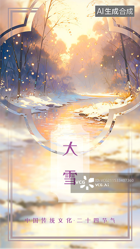 【AI数字艺术】大雪 冬季24节气设计模板海报，新国风新中式风格版式轩窗框景边框平面设计图片素材