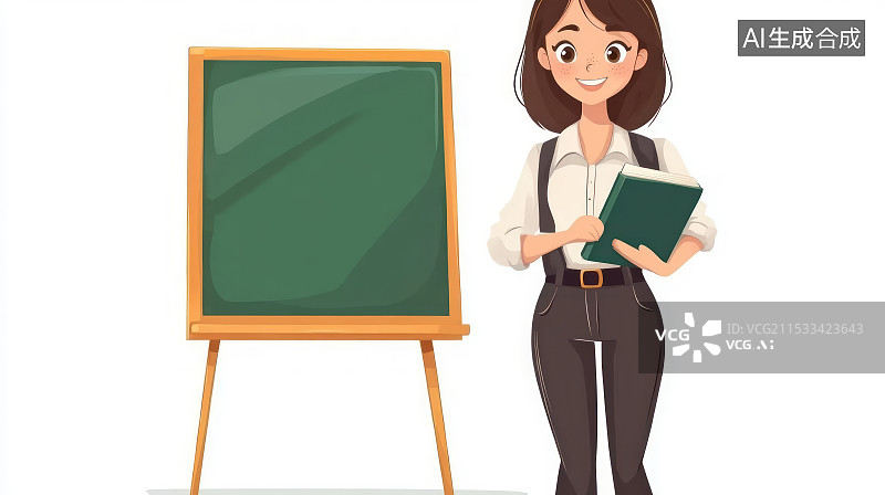 【AI数字艺术】年轻女教师拿着书在黑板前讲课插画图片素材