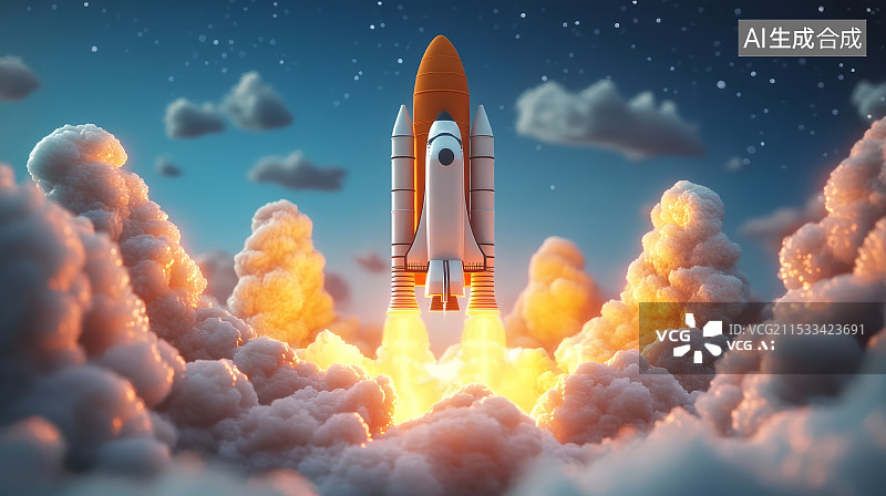 【AI数字艺术】航天飞机火箭发射升空瞬间，世界航天日概念图片素材