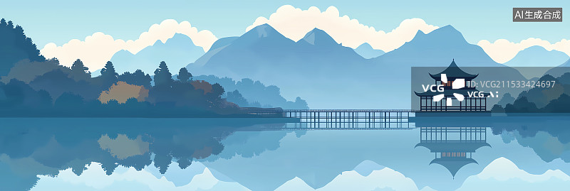 【AI数字艺术】山脚下湖边的凉亭图片素材