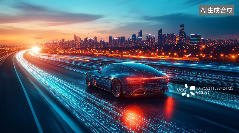 【AI数字艺术】城市公路上行驶的智能汽车，自动驾驶技术概念图片素材