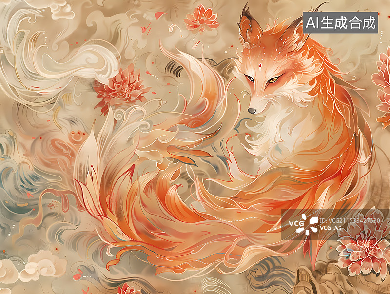 【AI数字艺术】神话传说中的九尾狐图片素材