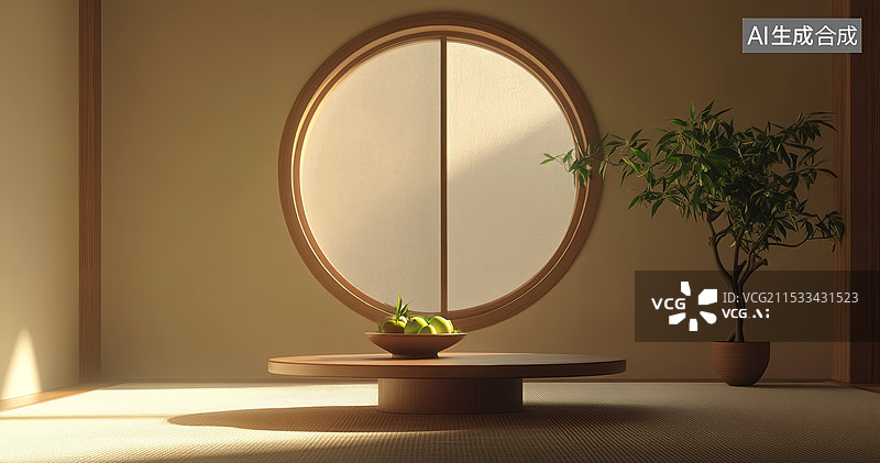 【AI数字艺术】一个典型的日式房间，房间内铺有榻榻米，中央摆放着一张低矮的桌子，周围有几个坐垫。房间的墙壁上挂着两幅图片素材