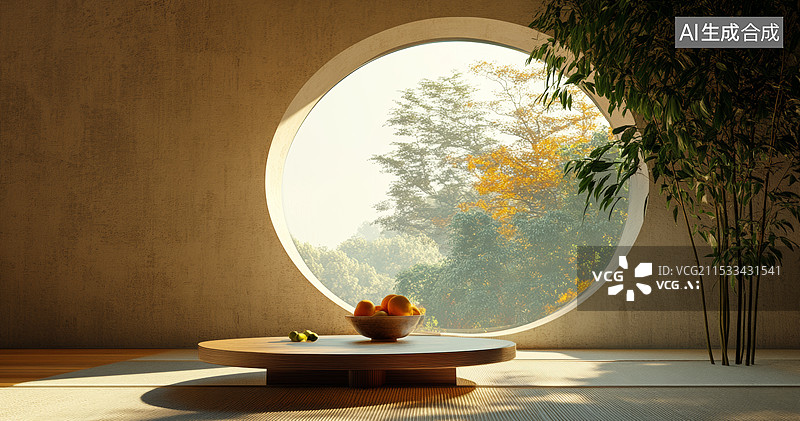 【AI数字艺术】一个典型的日式房间，房间内铺有榻榻米，中央摆放着一张低矮的桌子，周围有几个坐垫。房间的墙壁上挂着两幅图片素材