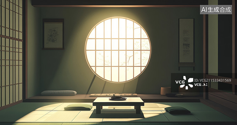 【AI数字艺术】一个典型的日式房间，房间内铺有榻榻米，中央摆放着一张低矮的桌子，周围有几个坐垫。房间的墙壁上挂着两幅图片素材