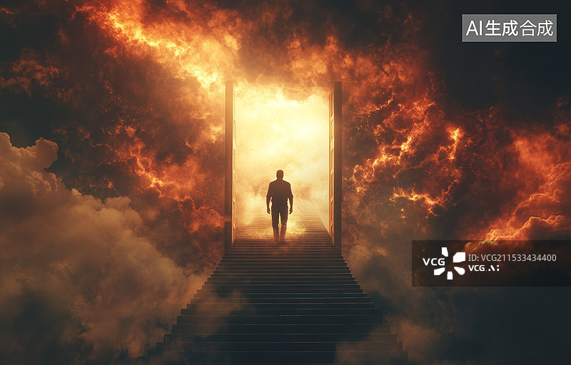 【AI数字艺术】一位孤独的行者正沿着一条通向光明的阶梯向上攀登。背景是色彩斑斓的天空，充满了神秘和希望的氛围。图片素材