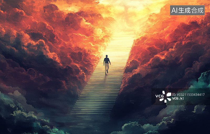 【AI数字艺术】一位孤独的行者正沿着一条通向光明的阶梯向上攀登。背景是色彩斑斓的天空，充满了神秘和希望的氛围。图片素材