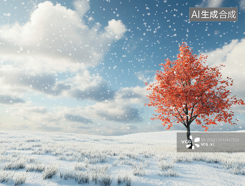【AI数字艺术】冬日风光：一棵雪中的独树，最后的红叶图片素材