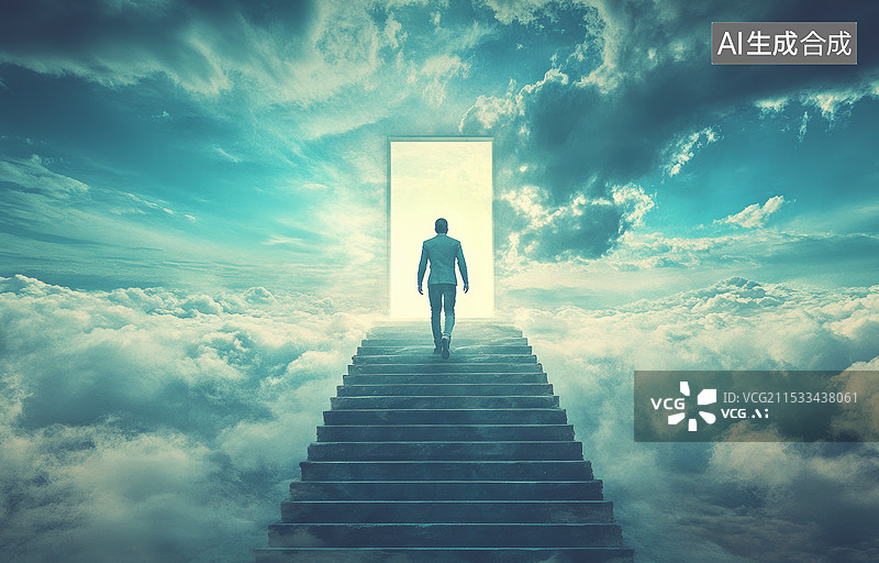 【AI数字艺术】一位孤独的行者正沿着一条通向光明的阶梯向上攀登。背景是色彩斑斓的天空，充满了神秘和希望的氛围。图片素材