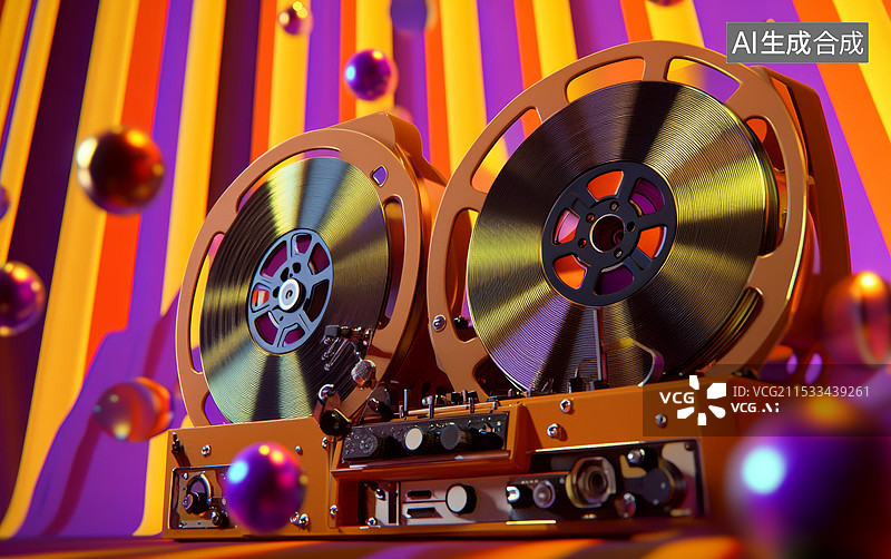 【AI数字艺术】一台复古风格的磁带录音机，背景是充满活力的渐变色彩，周围漂浮着多个彩色的球体。录音机的设计充满了怀旧图片素材