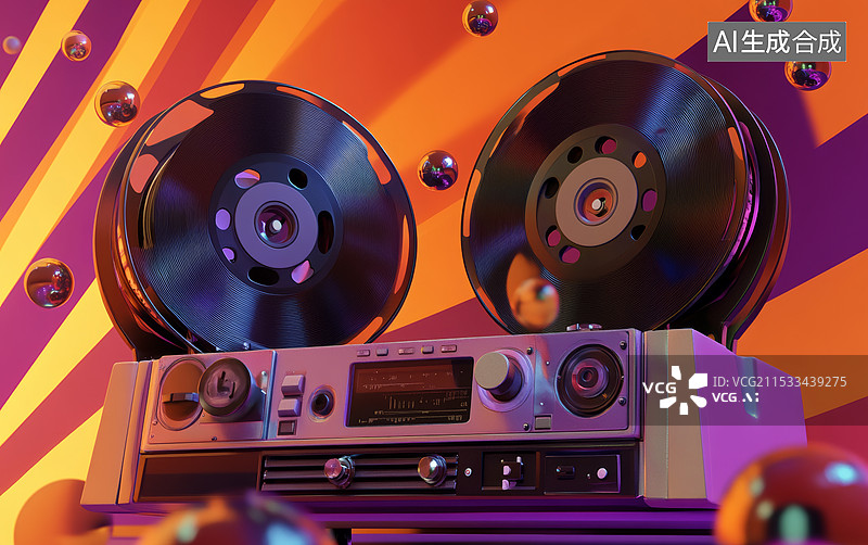 【AI数字艺术】一台复古风格的磁带录音机，背景是充满活力的渐变色彩，周围漂浮着多个彩色的球体。录音机的设计充满了怀旧图片素材