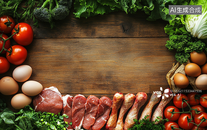 【AI数字艺术】切好的烤肉，旁边摆放着各种新鲜的蔬菜和香料。烤肉看起来非常美味，表面有明显的烧烤痕迹，内部呈现出诱人图片素材